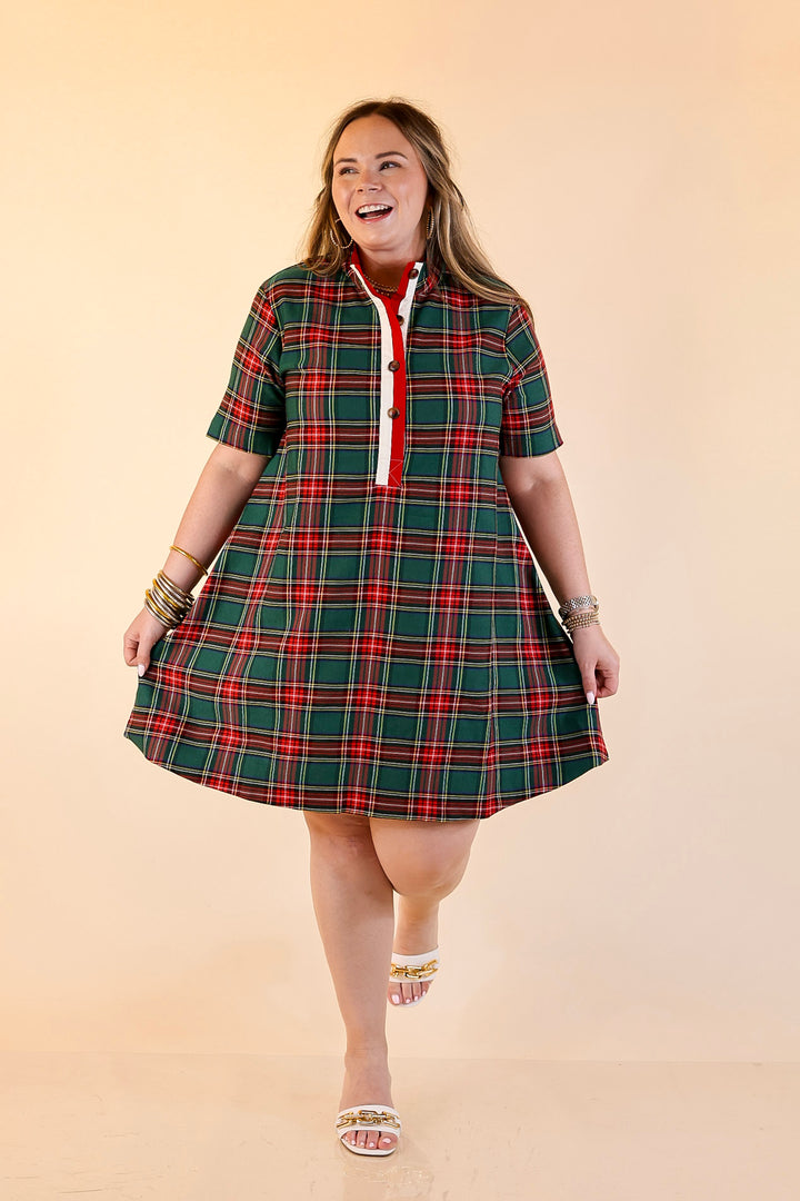 Seasonal Shift Plaid Dress with Pockets and Button Detailing in Green
