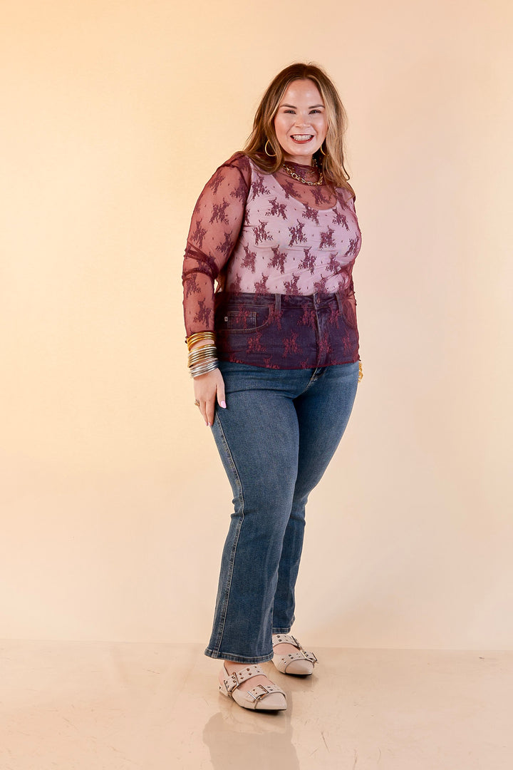 Delicate Charm Long Sleeve Sheer Lace Top with Mock Neck in Dark Purple
