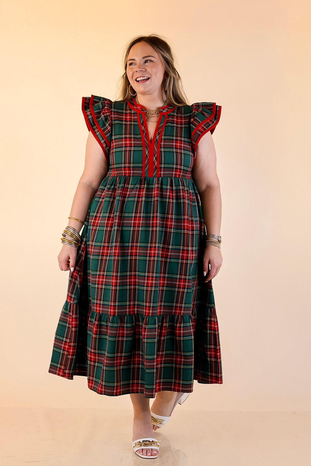 Magnolia Morning Plaid Ruffle Cap Sleeve Tiered Midi Dress in Green