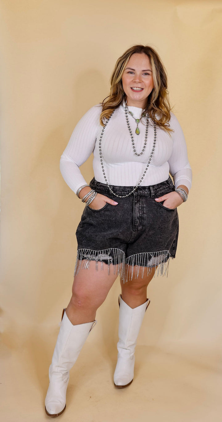 Saddle Up Crystal Fringe Distressed Denim Shorts in Black - Giddy Up Glamour Boutique