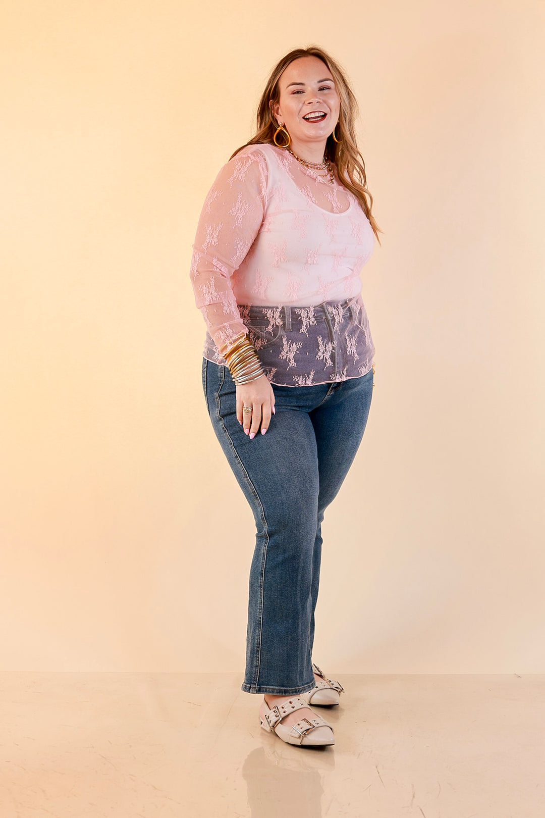 Delicate Charm Long Sleeve Sheer Lace Top with Mock Neck in Pale Pink