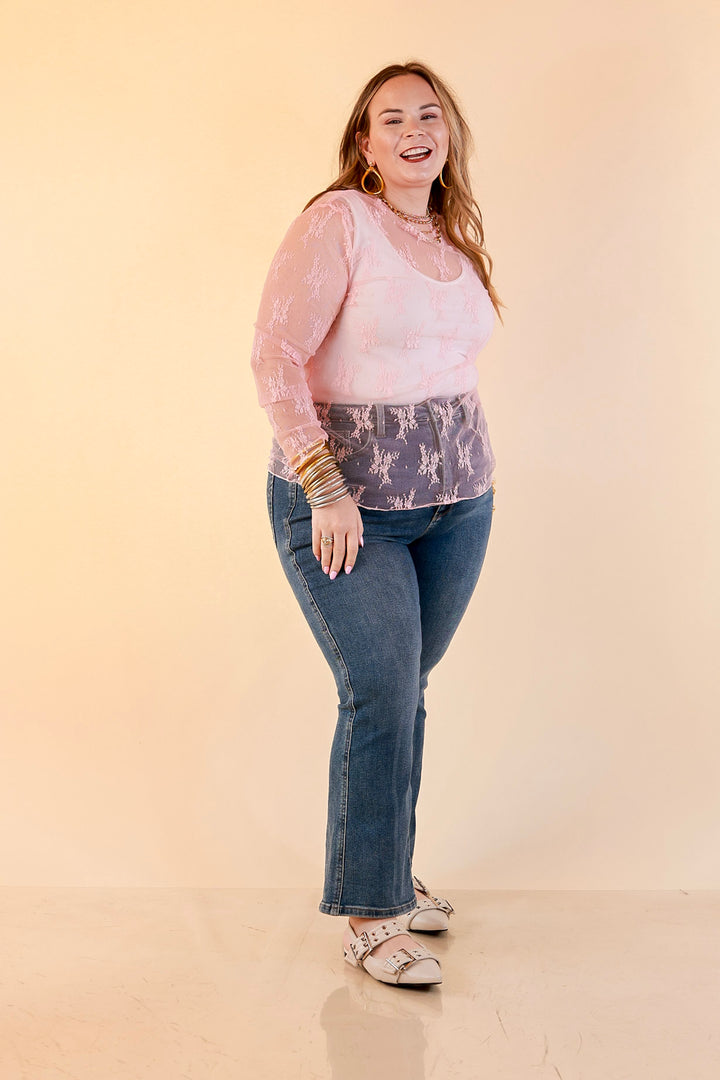 Delicate Charm Long Sleeve Sheer Lace Top with Mock Neck in Pale Pink