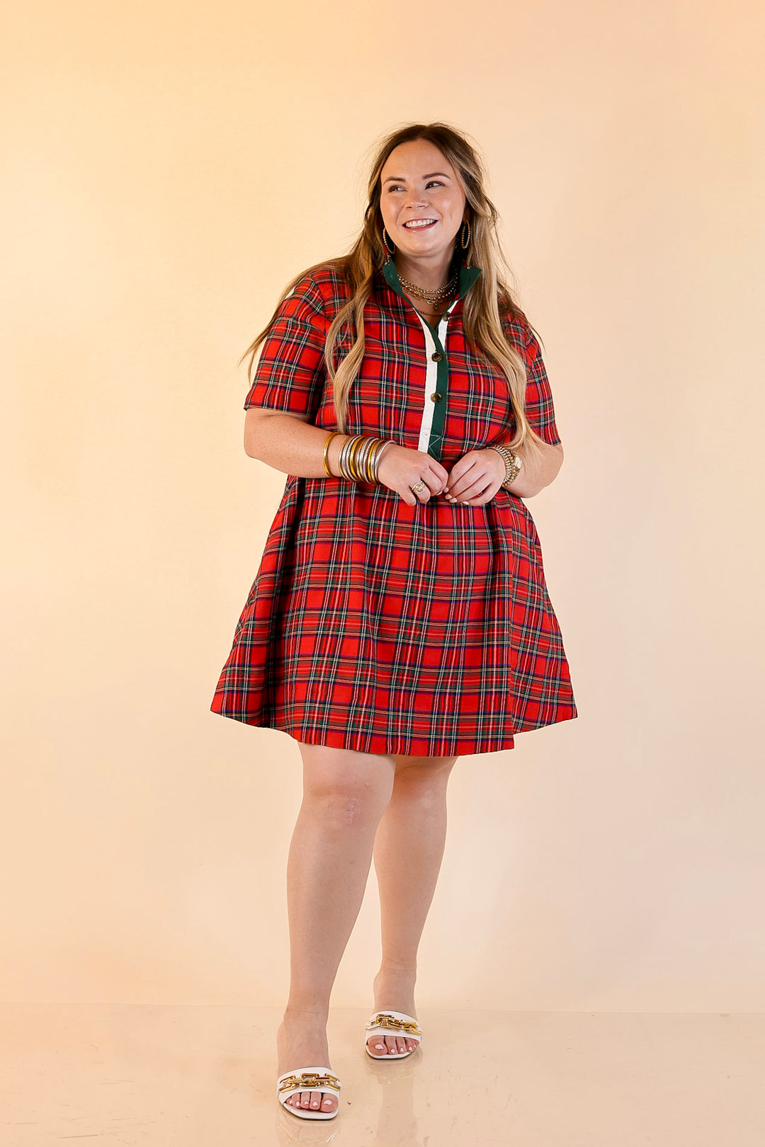 Seasonal Shift Plaid Dress with Pockets and Button Detailing in Red