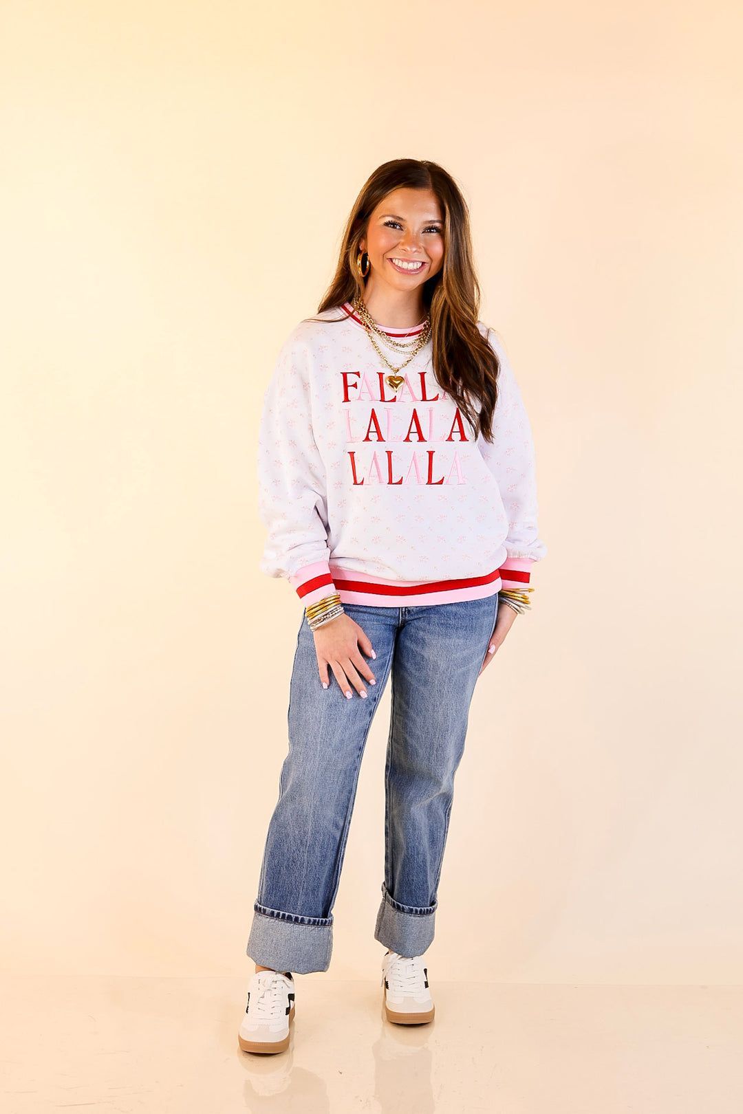 Simply Southern | Holiday Cheer Club Fa La La Floral Varsity Sweatshirt in Ivory