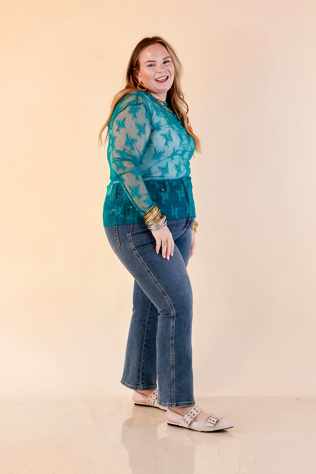 Delicate Charm Long Sleeve Sheer Lace Top with Mock Neck in Turquoise Blue