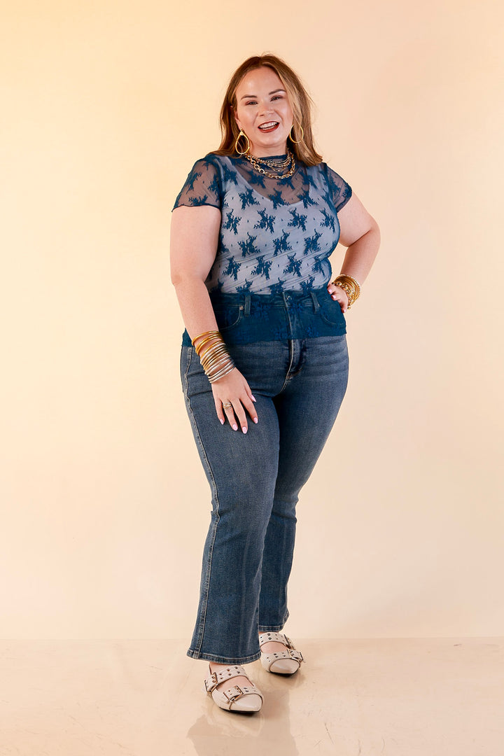Lovely in Lace Sheer Mock Neck Short Sleeve Top in Teal Blue