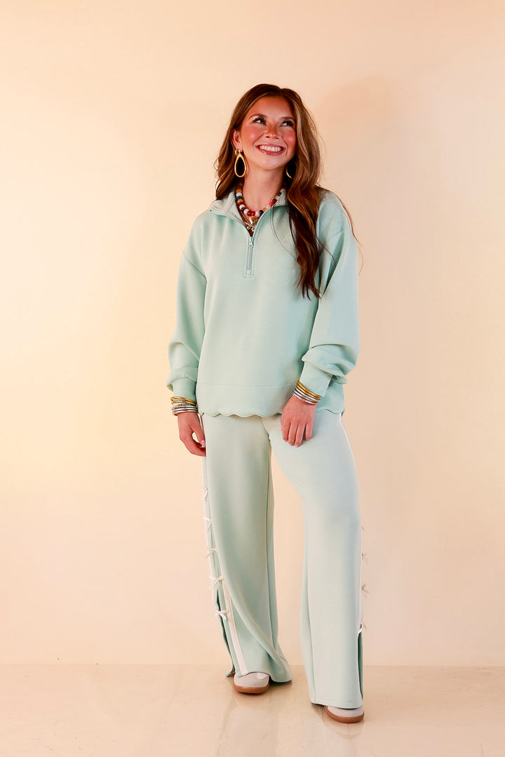 Simply Southern | Modern Staple Buttery Soft Pull-On Wide Leg Knit Pants with Side Bow Detail in Light Dusty Teal Blue