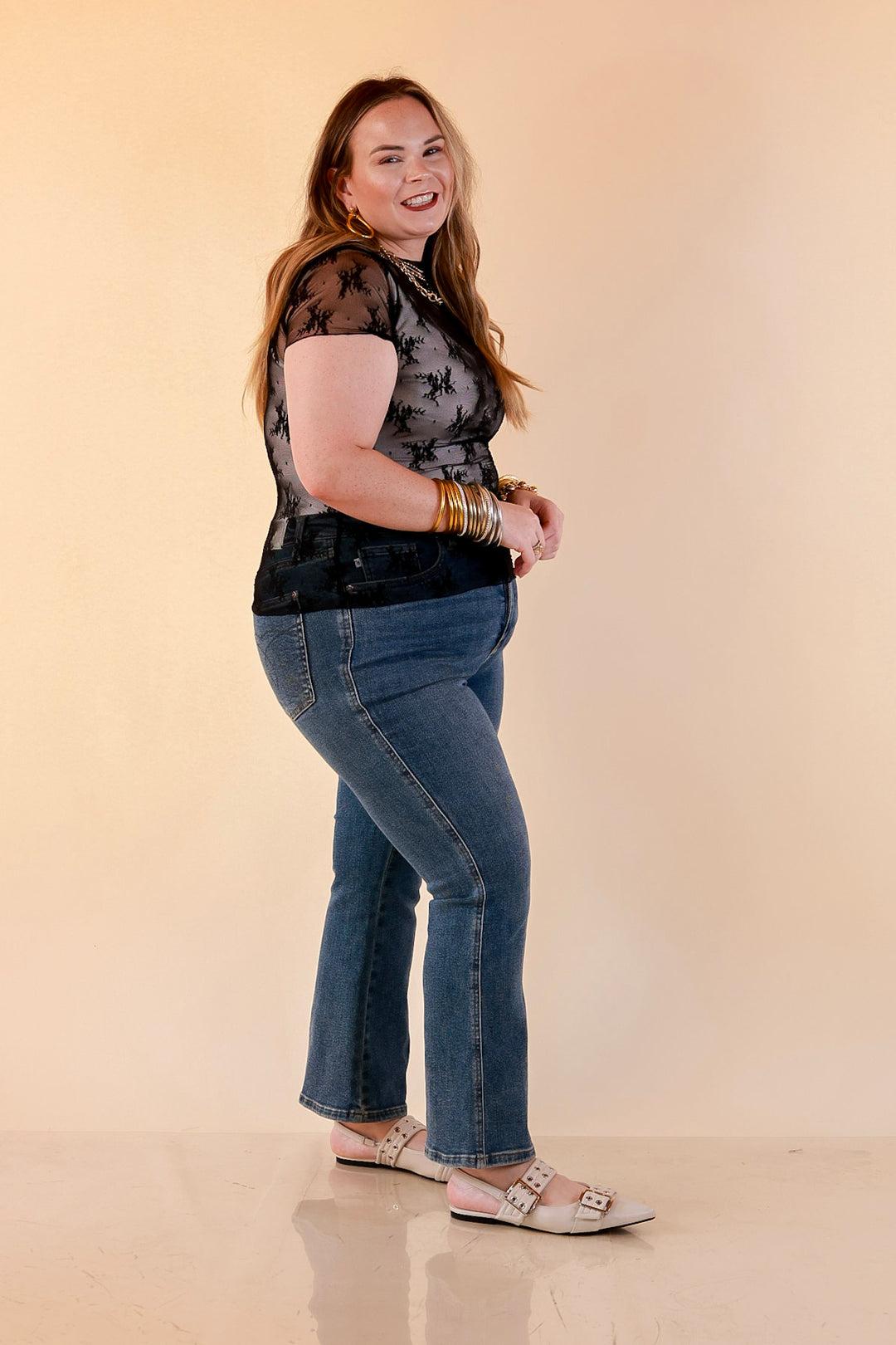 Lovely in Lace Sheer Mock Neck Short Sleeve Top in Black