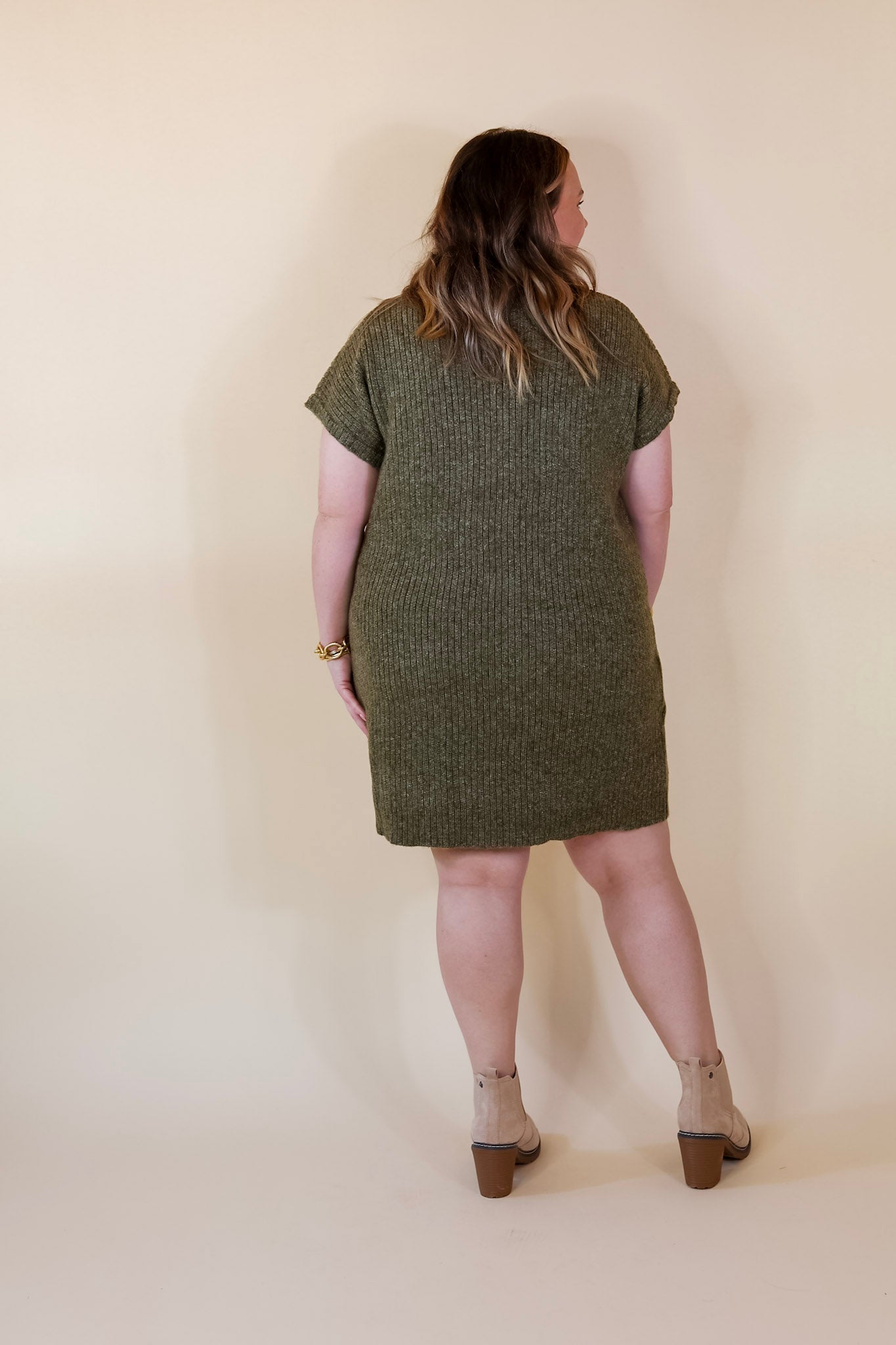 City Sights Cap Sleeve Sweater Dress in Olive Green - Giddy Up Glamour Boutique