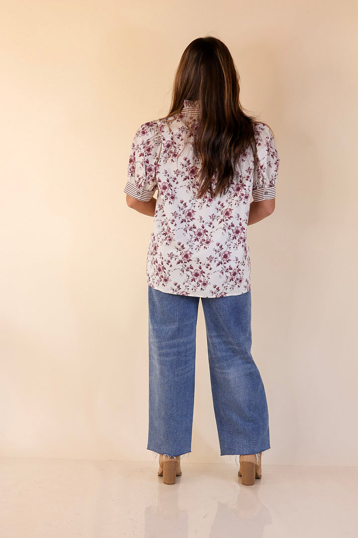 Timeless Beauty Button Up Puff Sleeve Top with Maroon Floral French Toile Print in Cream