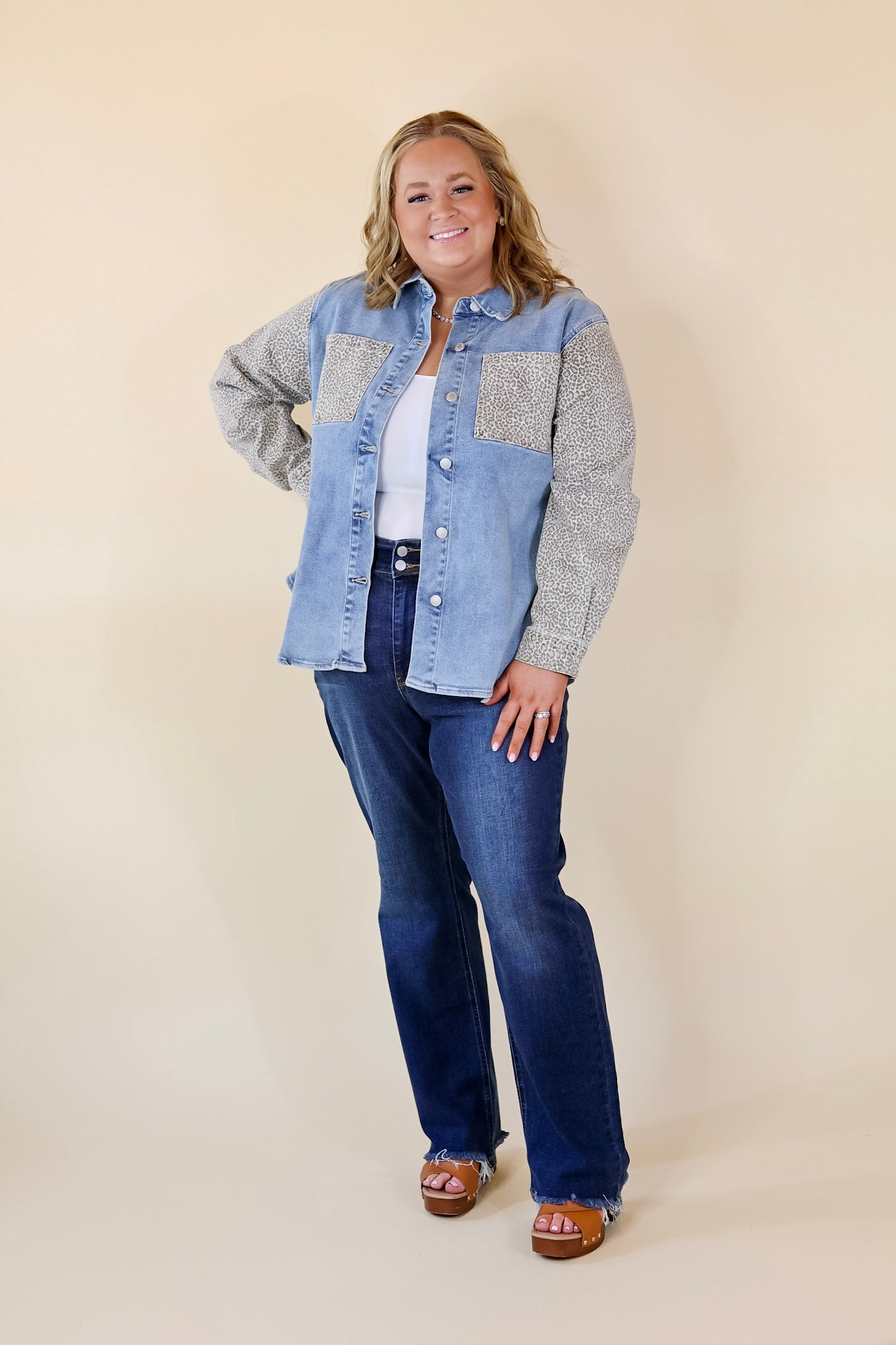 Judy Blue | Special Treat Leopard Print Block Button Up Denim Jacket in Light Wash - Giddy Up Glamour Boutique