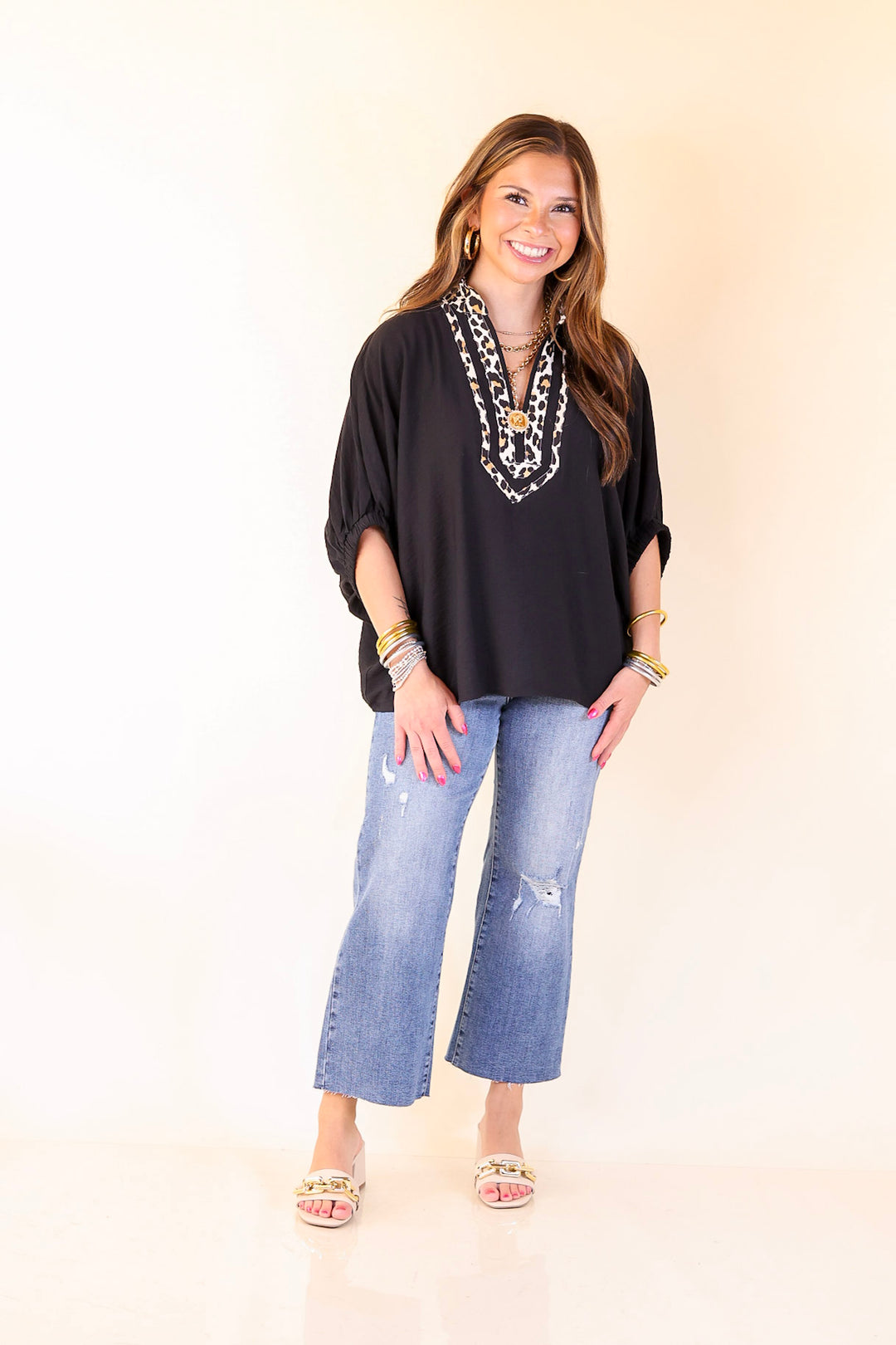 Naturally Stylish Leopard Print Trim Poncho Top in Black