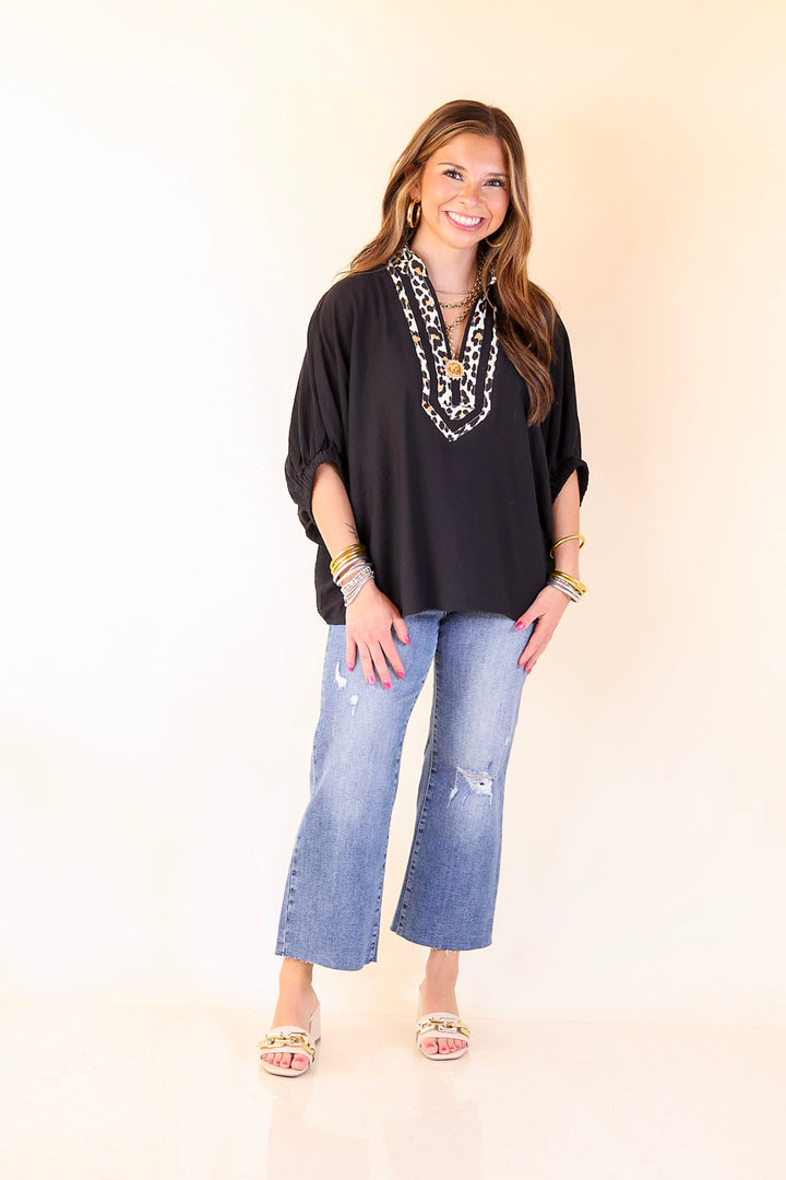 Naturally Stylish Leopard Print Trim Poncho Top in Black