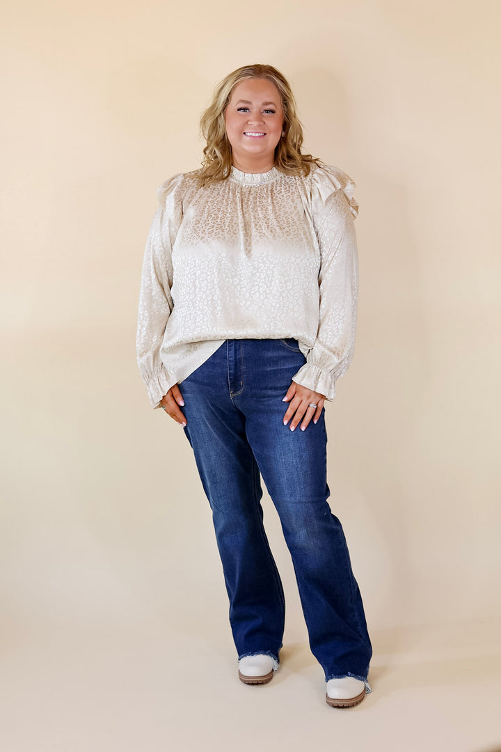 Can't Stop Me Ruffle Mock Neck Long Sleeve Leopard Print Satin Top in Ivory - Giddy Up Glamour Boutique