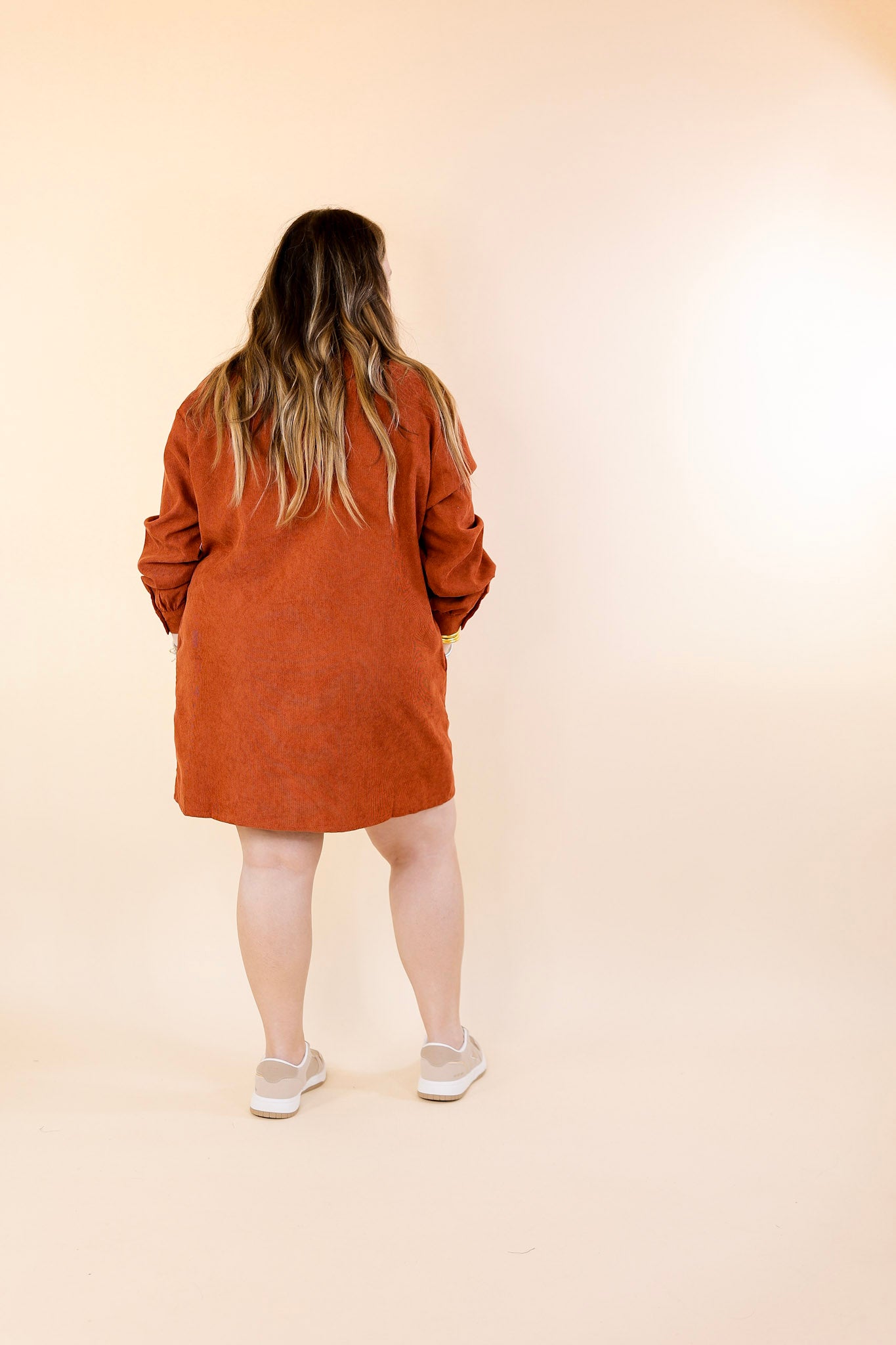 Peanut Brittle Button Up Corduroy Long Sleeve Dress in Rust Orange