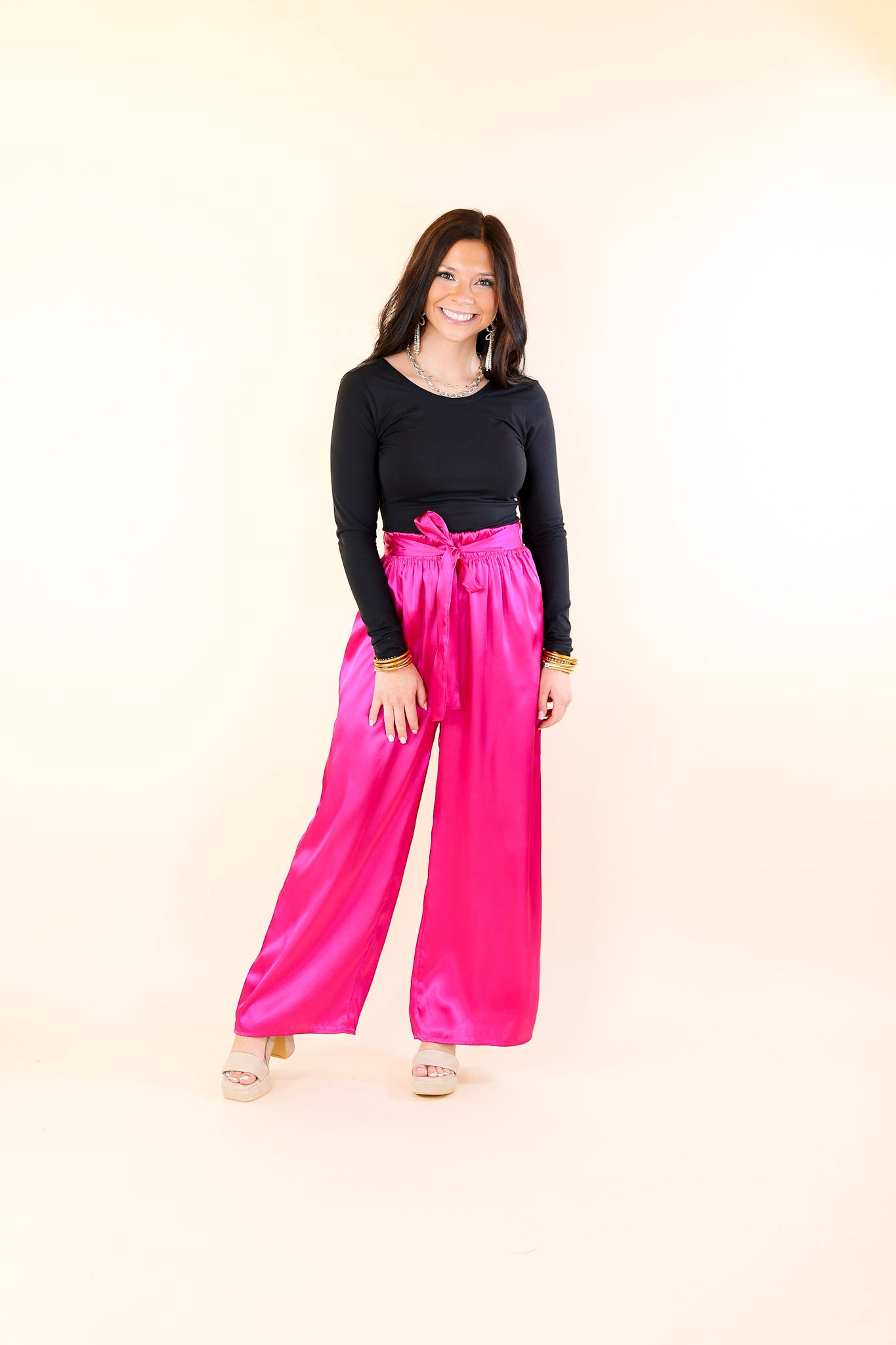 Dare To Dazzle Wide Leg Satin Pants with Waist Tie in Fuchsia Pink