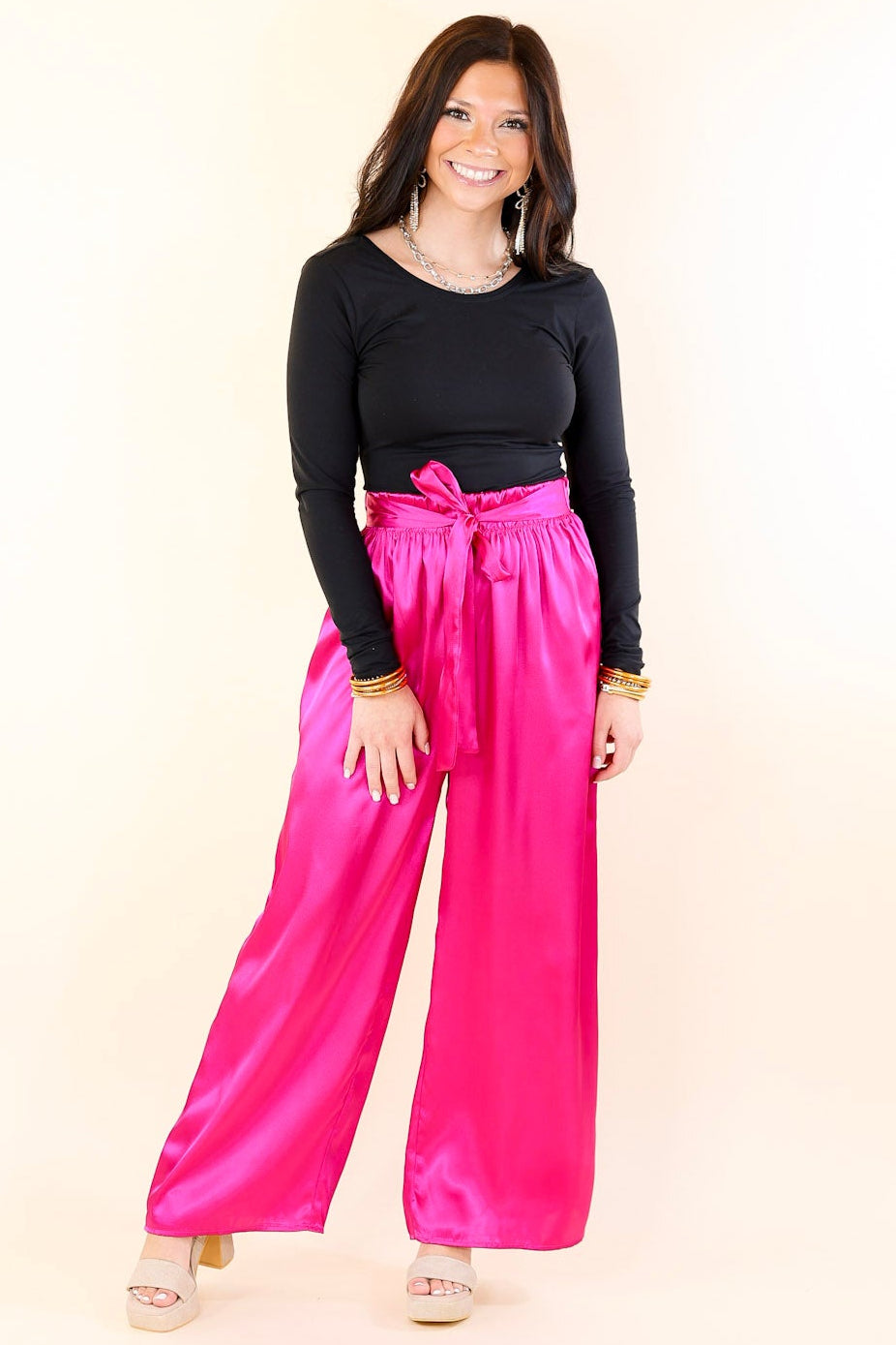 Dare To Dazzle Wide Leg Satin Pants with Waist Tie in Fuchsia Pink