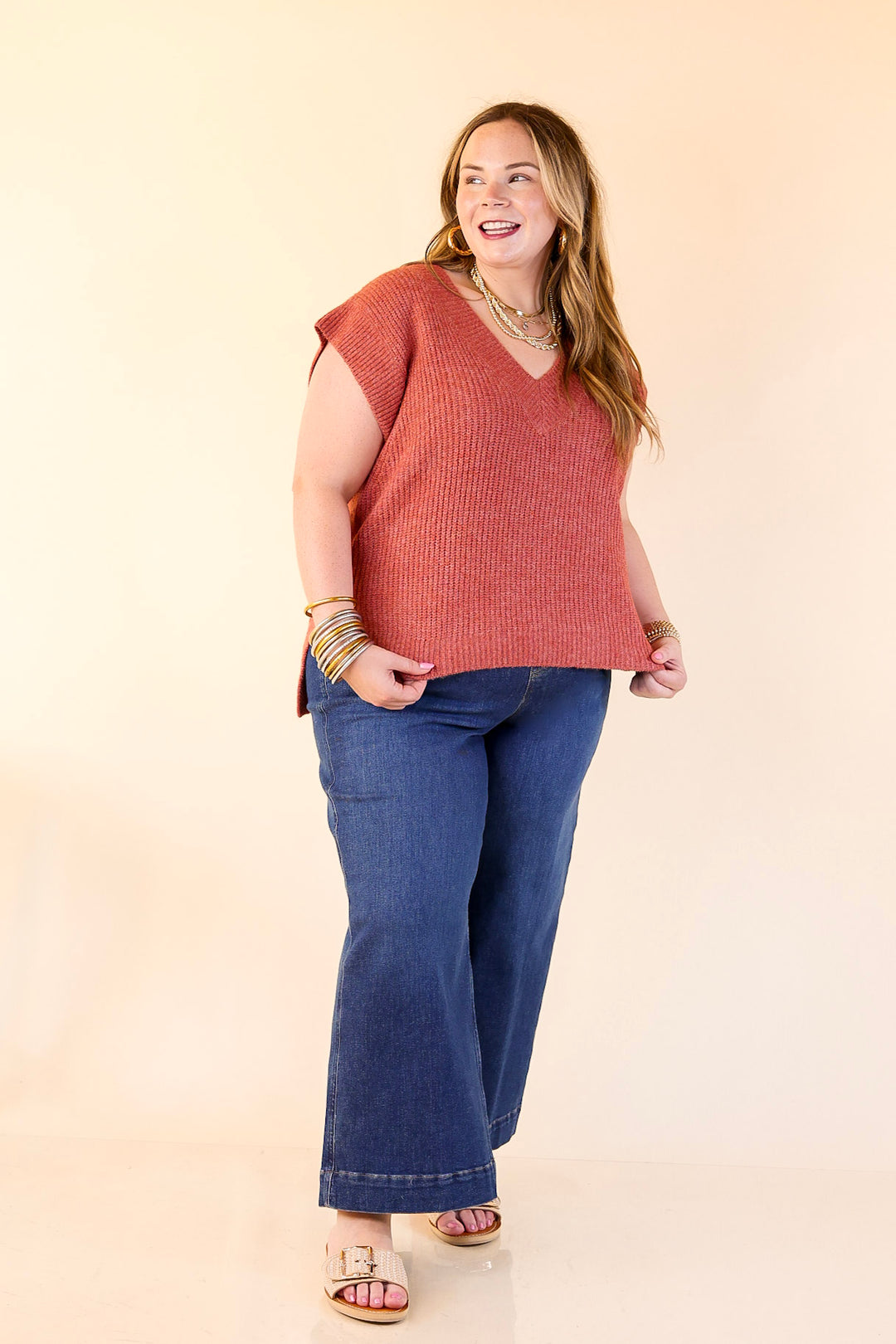 Fall For You Textured V-Neck Oversized Knit Sweater Vest Top in Rust Orange