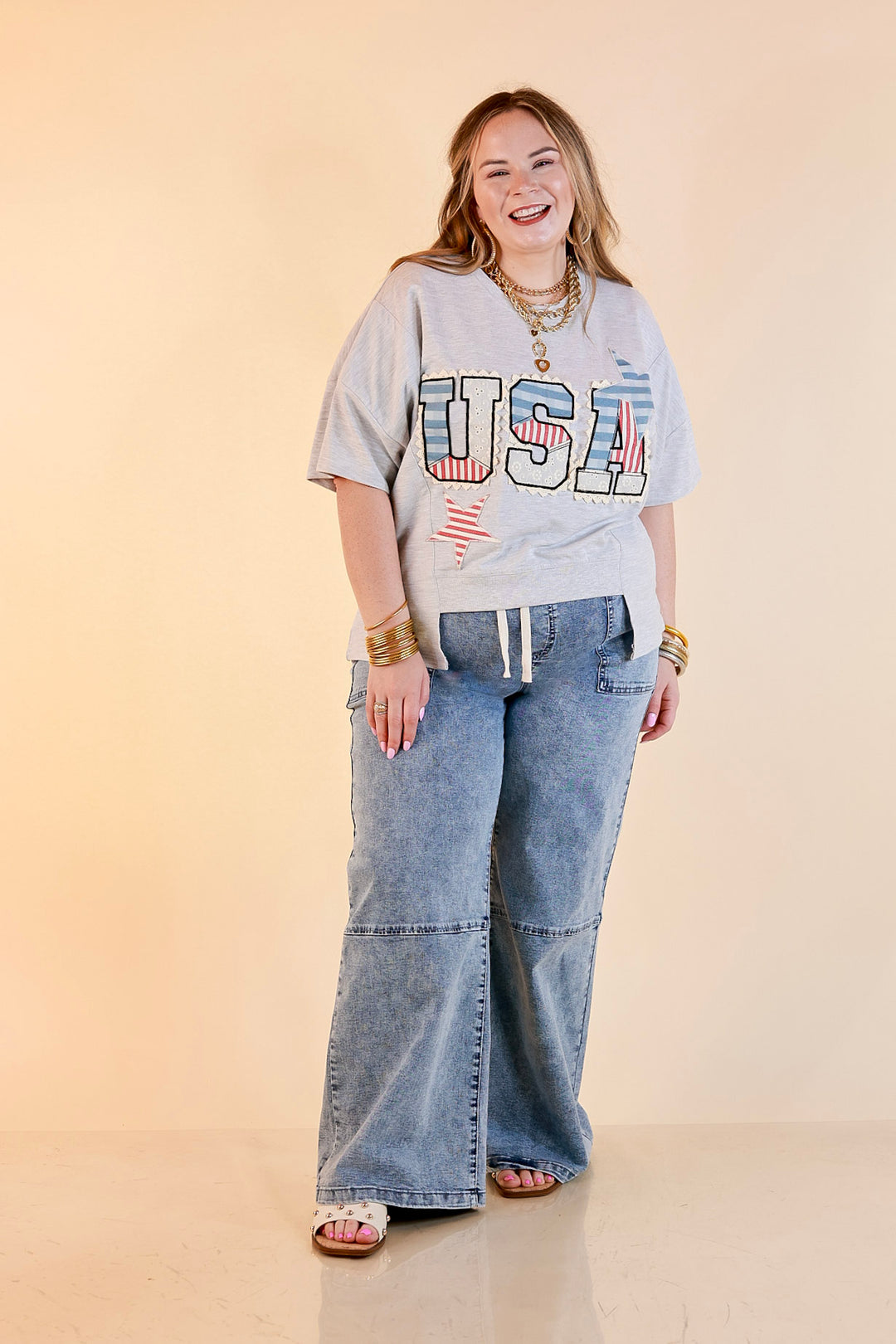 Simply Southern | All American Charm Lace Trim USA Patchwork Split Hem Graphic Tee in Heather Grey