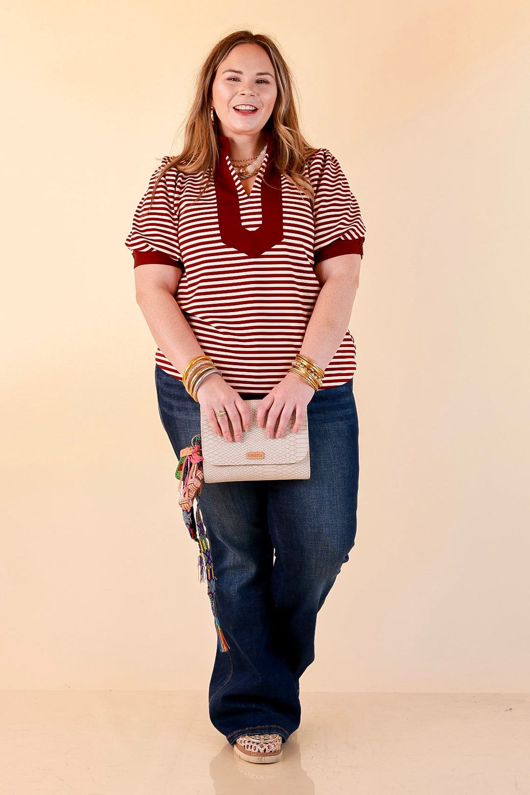 Confidently Yours Short Sleeve Contrast Trim Striped Top in Maroon and Cream