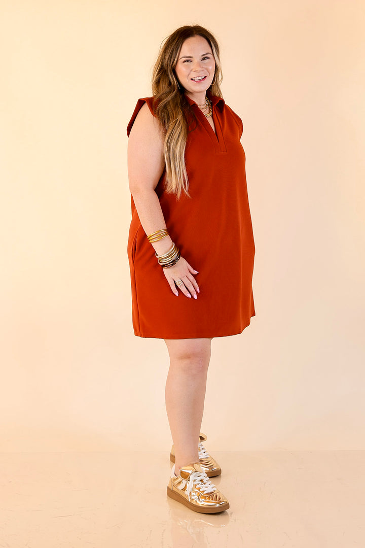 Polished Perfection Cap Sleeve Dress with Collar in Rust Orange