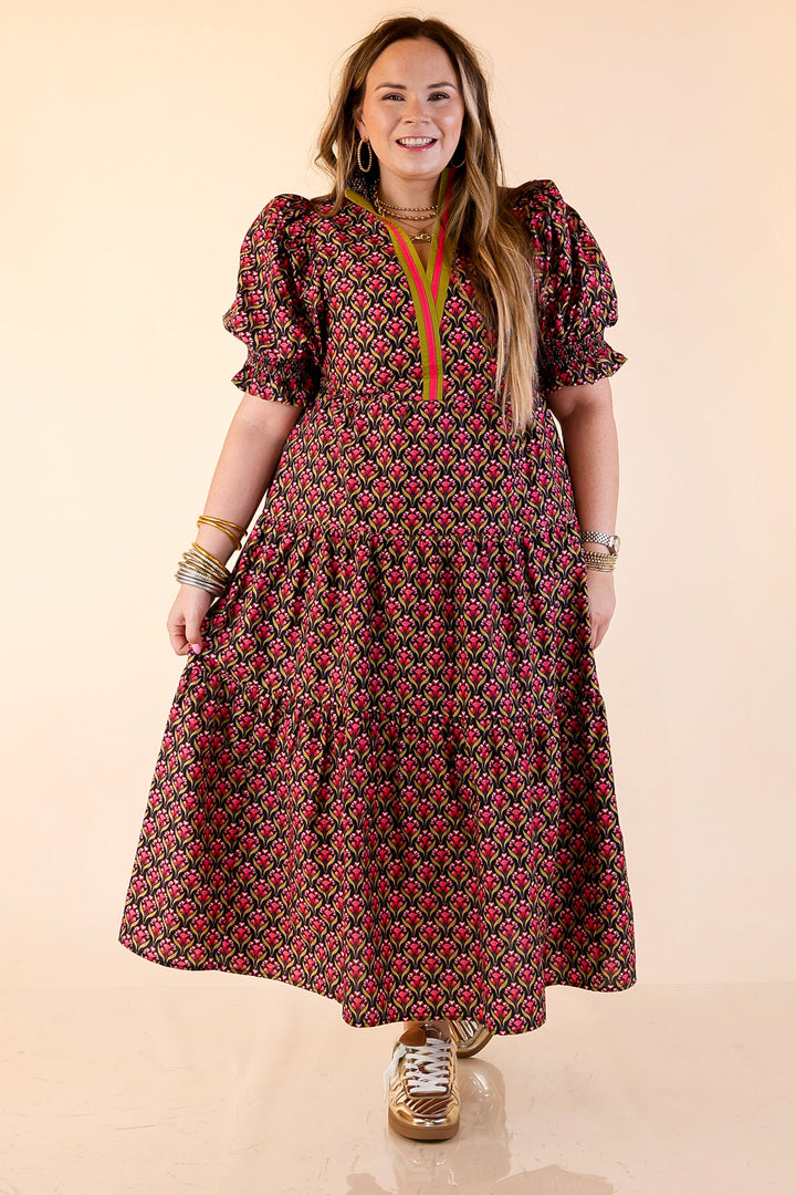 Vibrant Vision Floral Print Maxi Dress with Puff Sleeves and Contrast Trim in Black