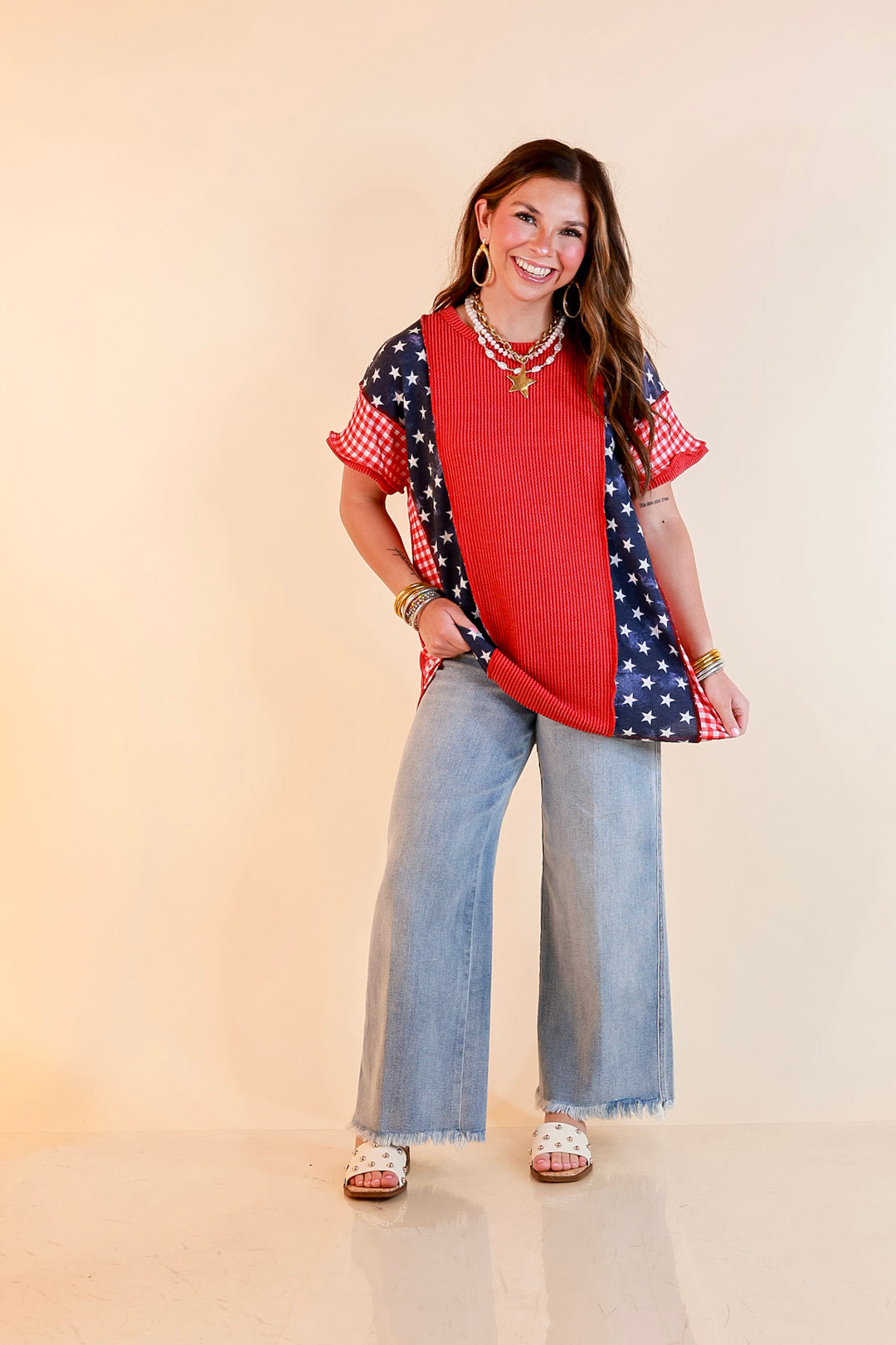 Make Your Mark Ribbed Scoop Neck Mixed Print Short Sleeve Top with Star and Gingham Detailing in Red