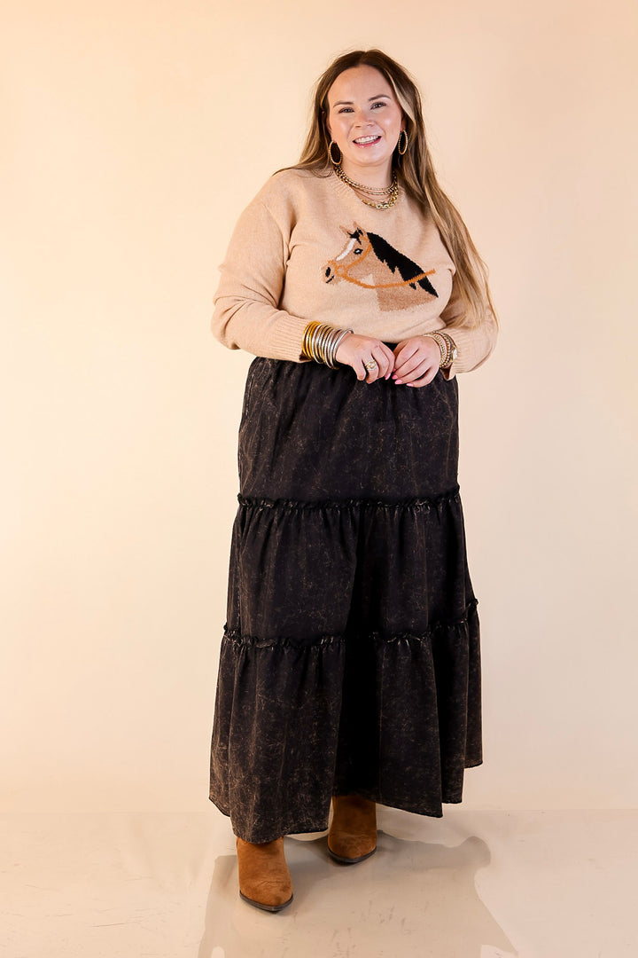 Boho Bliss Acid Wash Tiered Ruffle Maxi Skirt in Ash Black