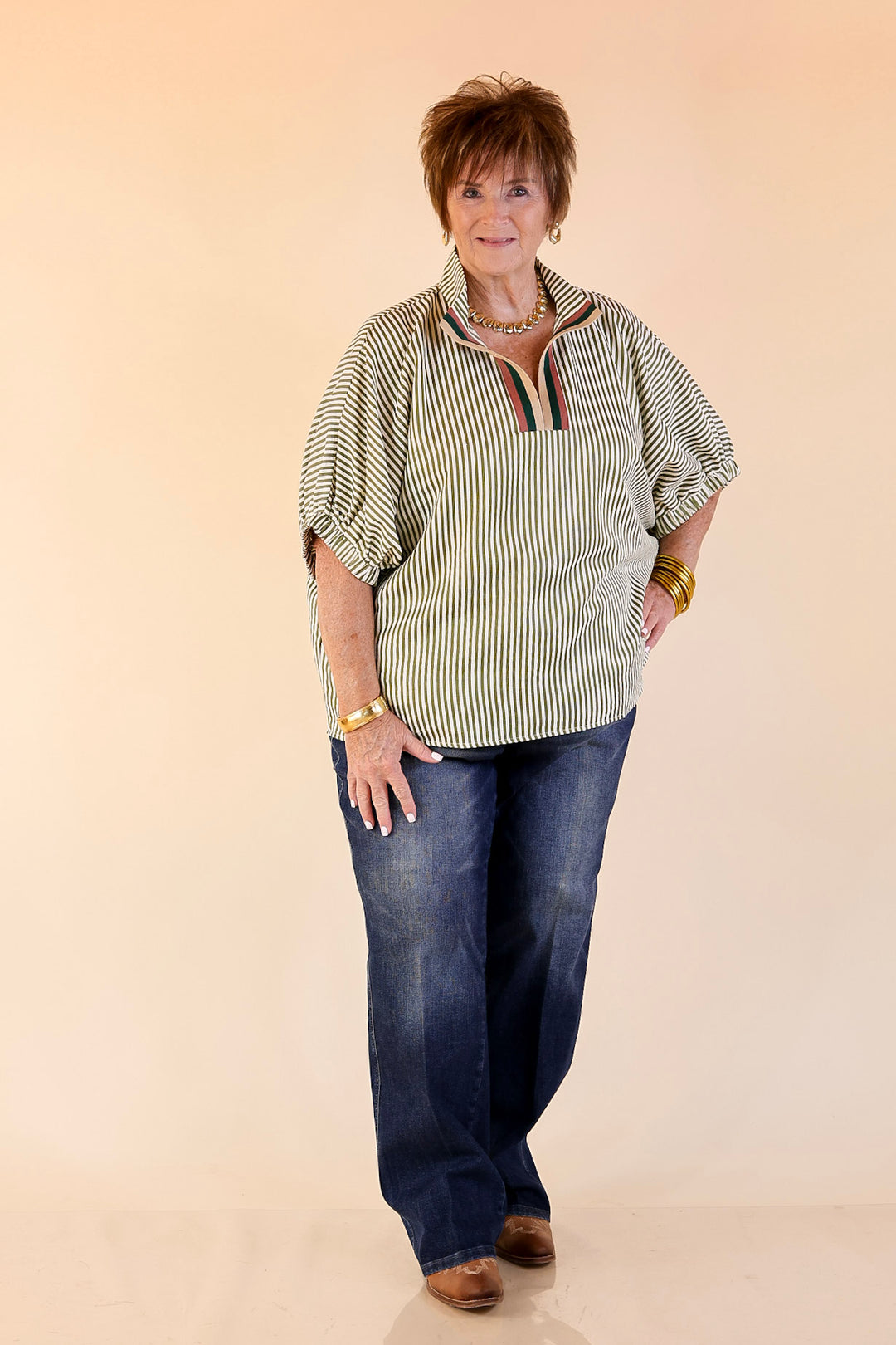 Naturally Stylish Striped Poncho Top in Olive Green