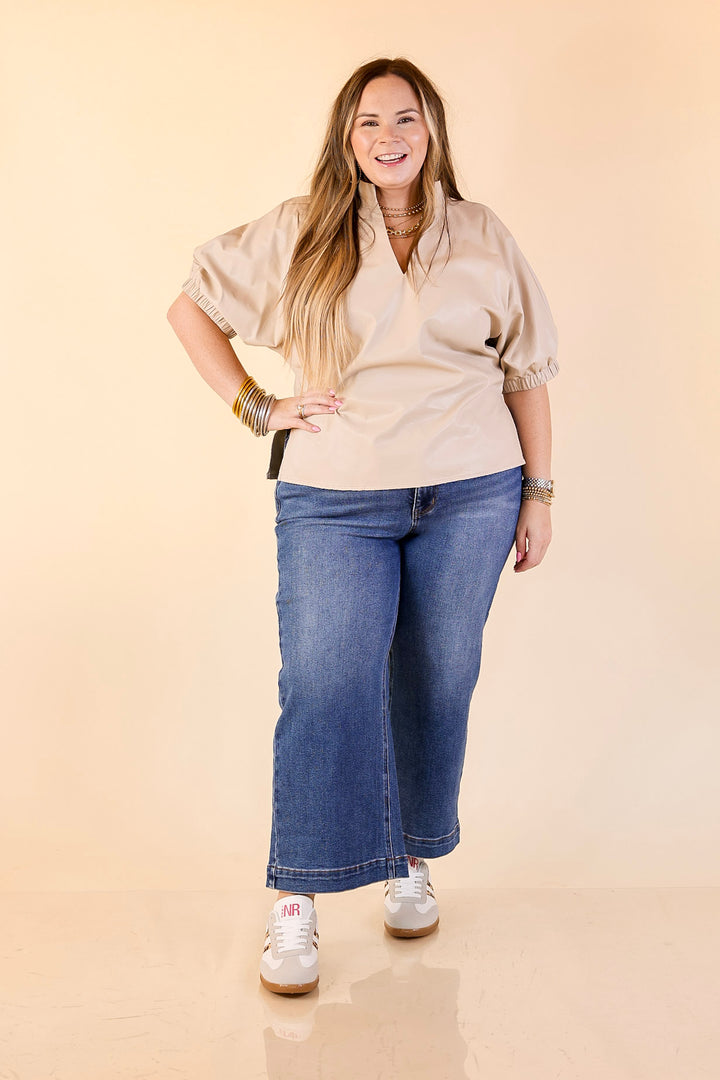 Effortlessly Cool Faux Leather Top with Short Balloon Sleeves in Ivory
