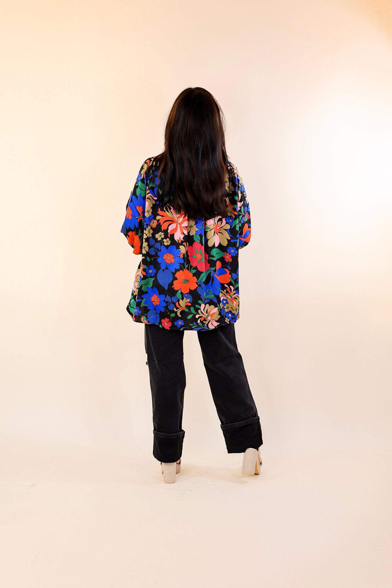 Falling For Floral 3/4 Sleeve Top with Notched Neck in Black