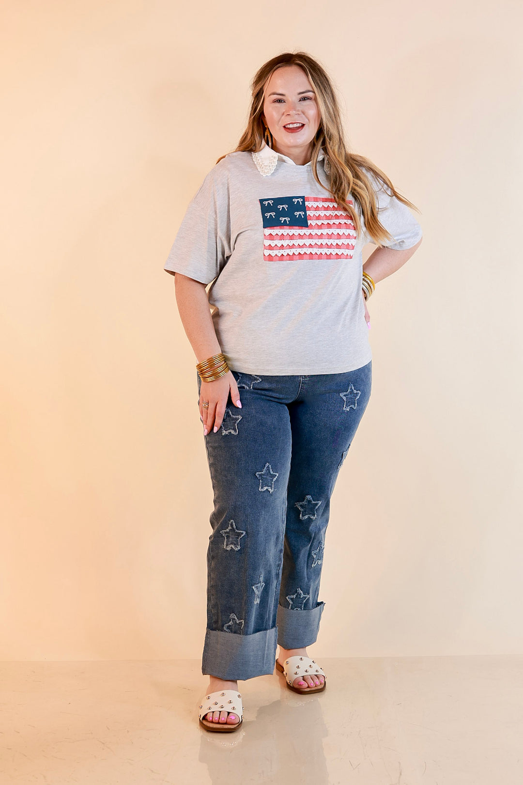 Simply Southern | American It Girl Short Sleeve Graphic Tee with Lace Flag Applique in Heather Grey