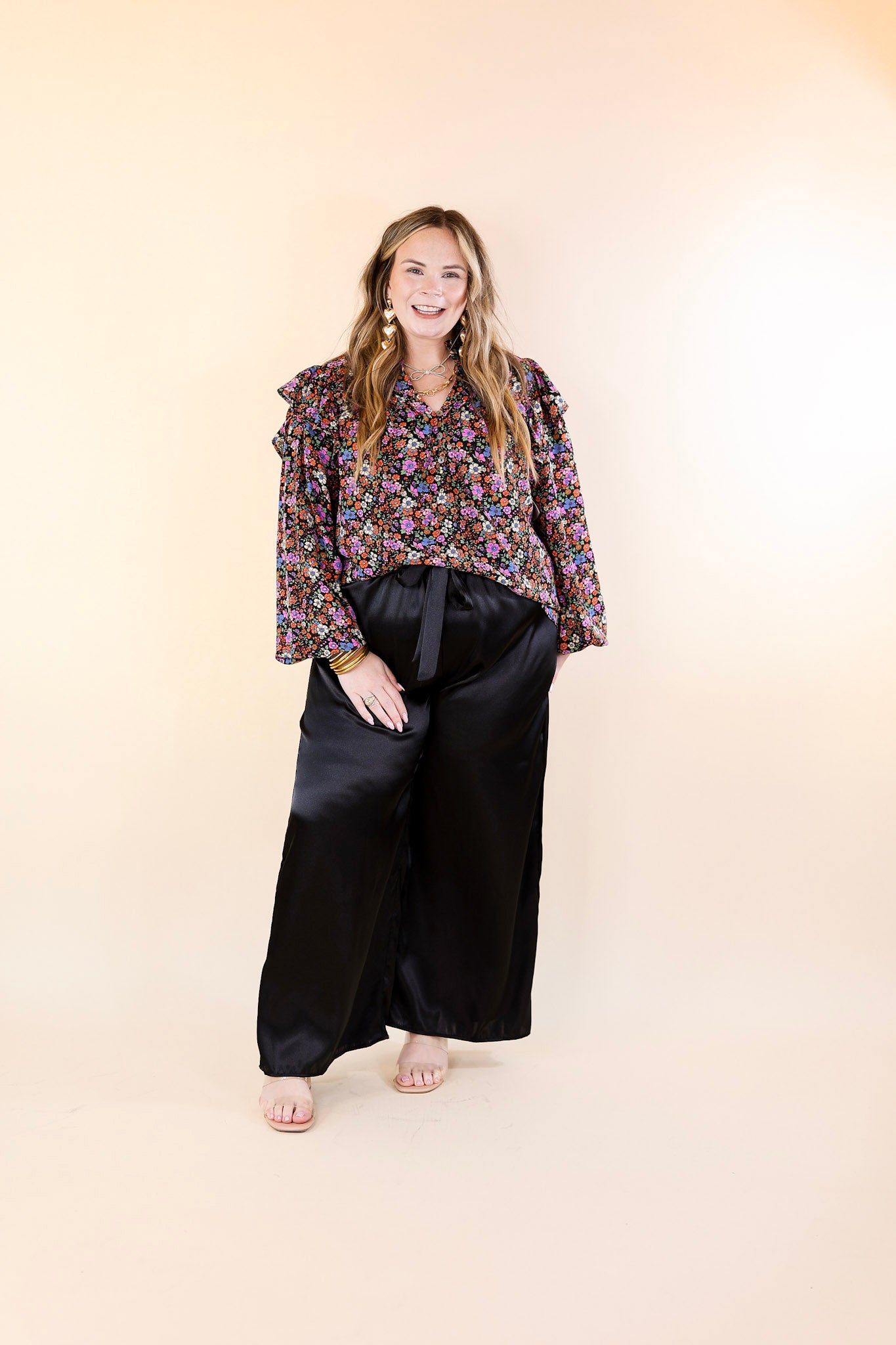 Dare To Dazzle Wide Leg Satin Pants with Waist Tie in Black