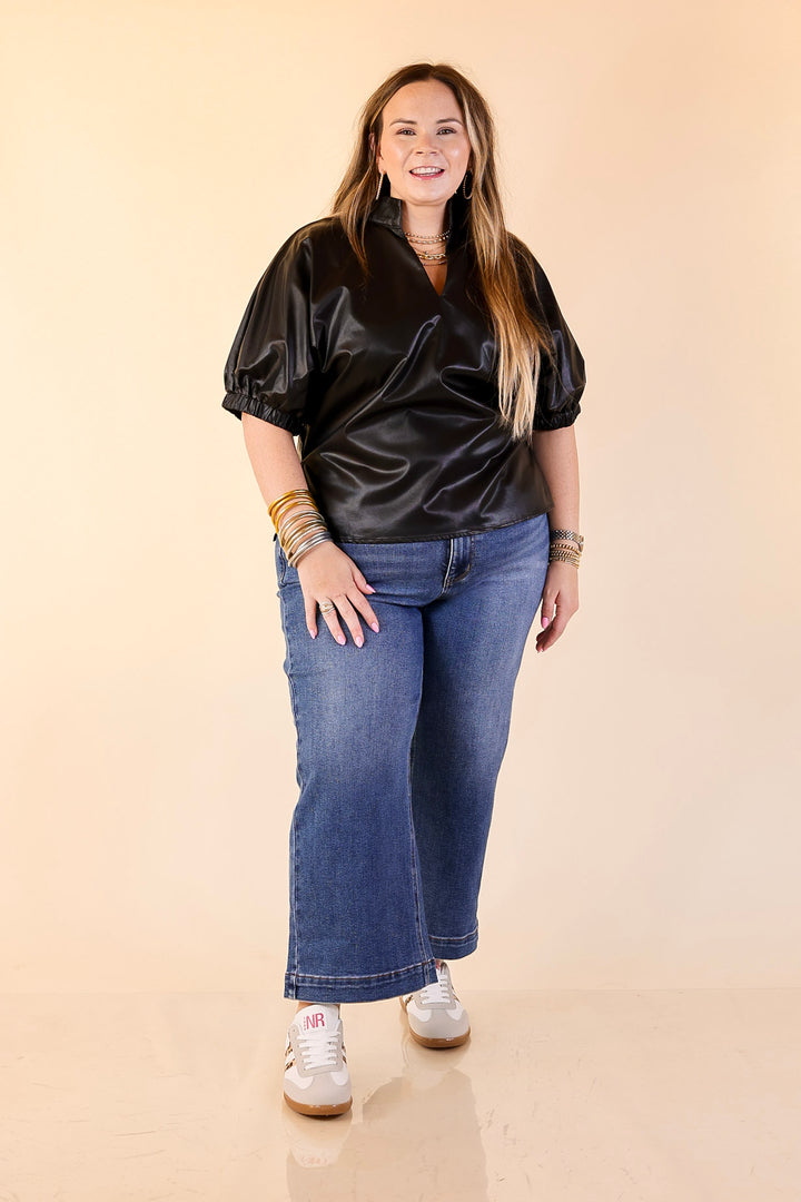Effortlessly Cool Faux Leather Top with Short Balloon Sleeves in Black