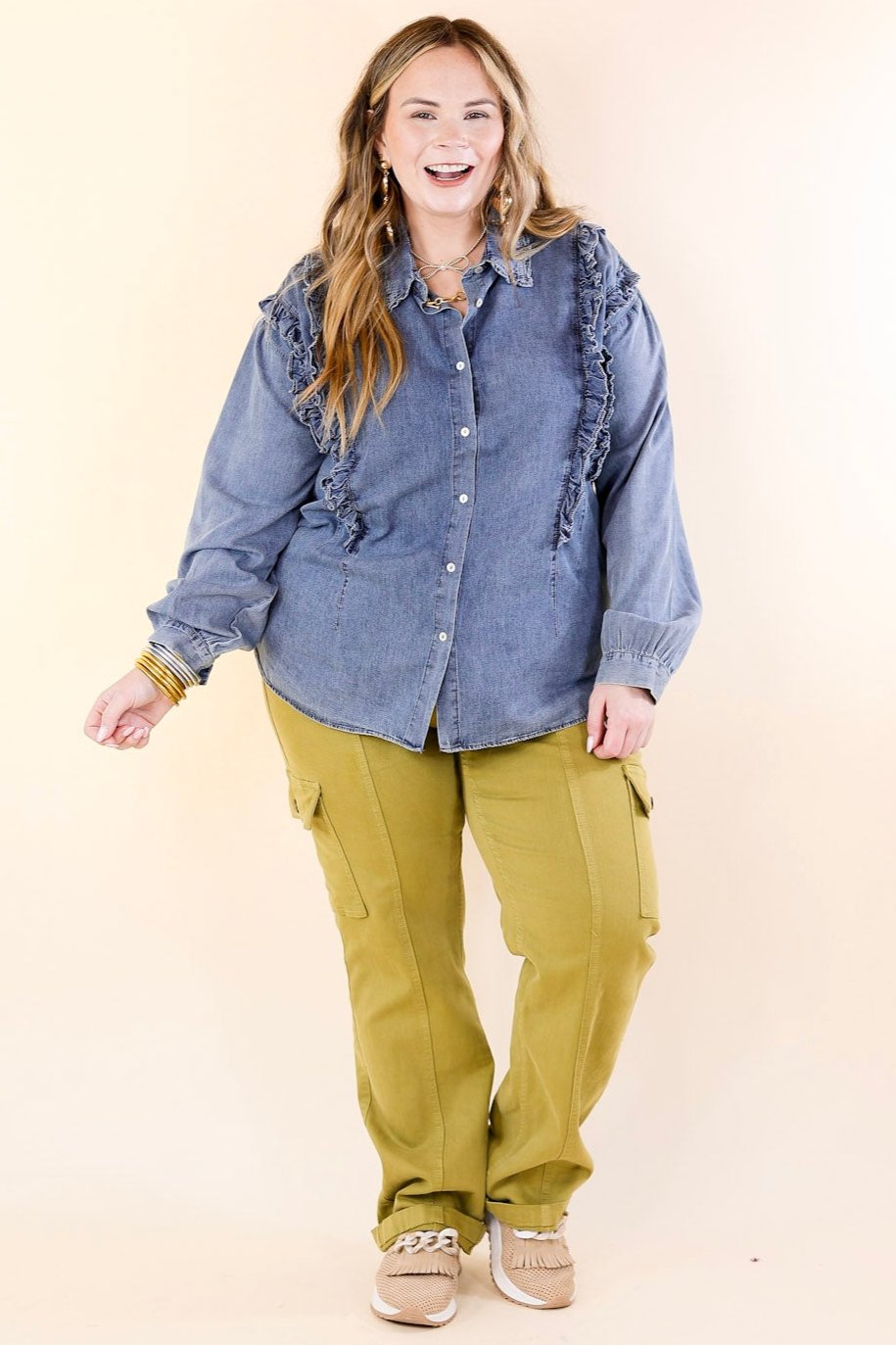 Attention To Detail Button Up Collared Denim Top with Ruffle Detail