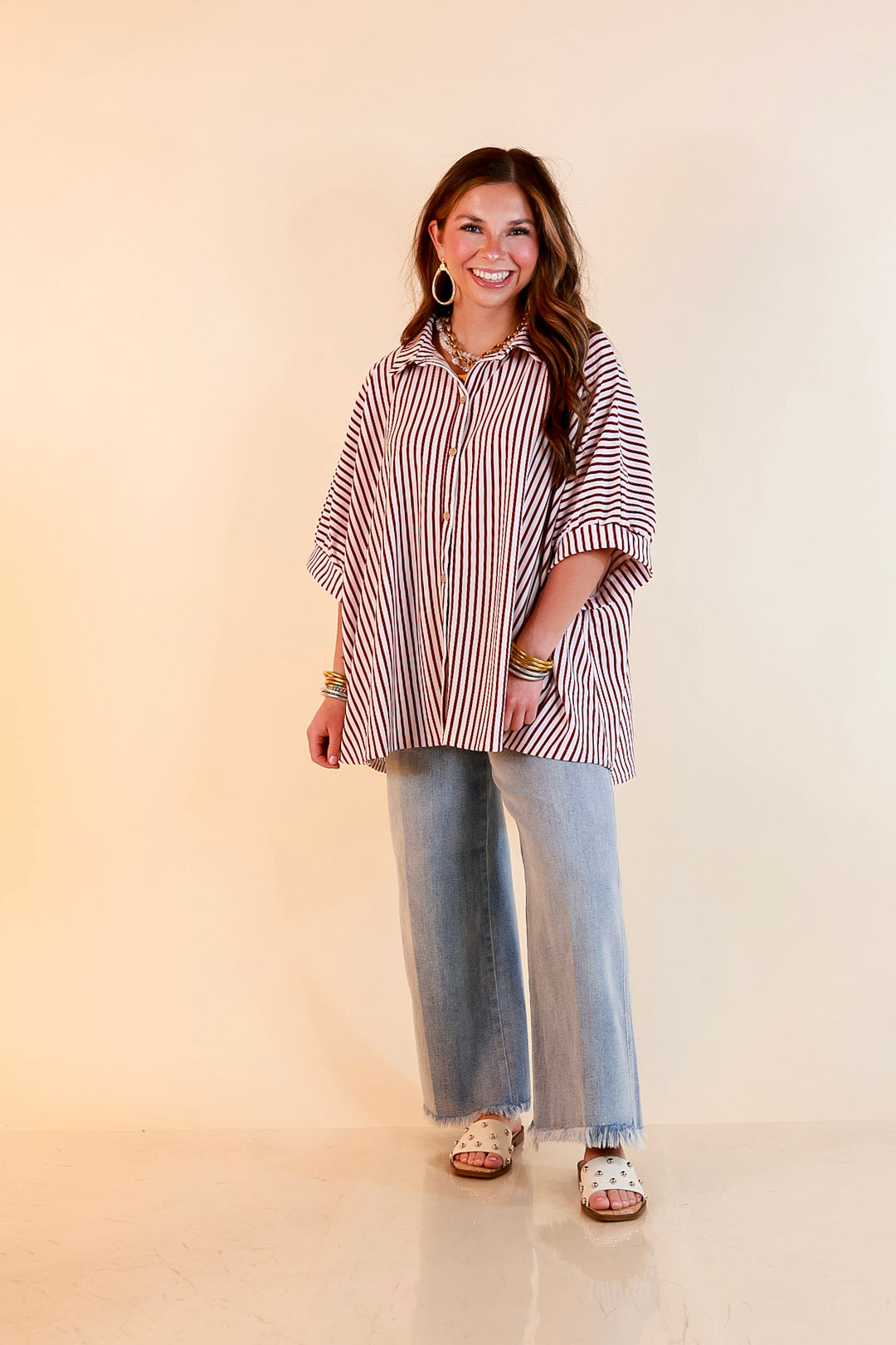 Effortlessly Aligned Button Down Collared Top with Vertical Ivory Stripe Detail in Maroon