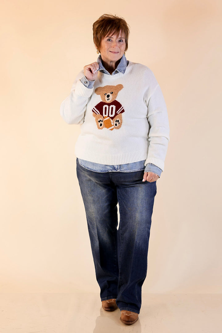 Simply Southern | Finest Touch Crewneck Sweater with Football Teddy Bear Graphic in Cream