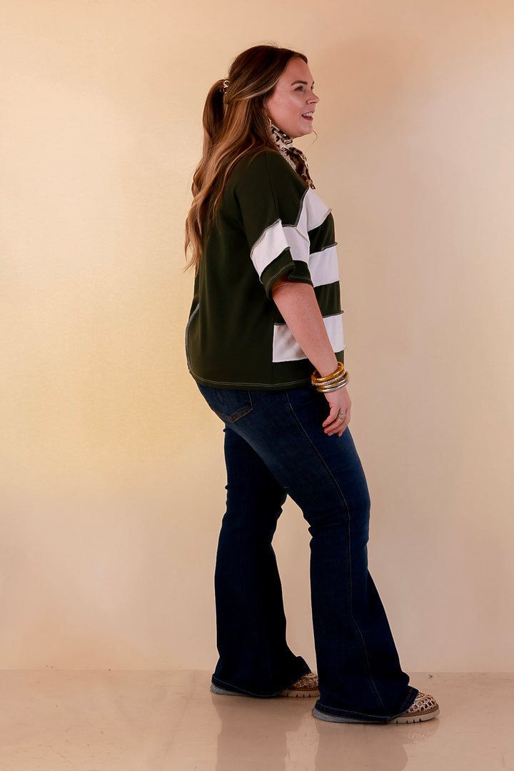 Simply Styled Color Block Rugby Style Relaxed Short Sleeve Top in Olive Green