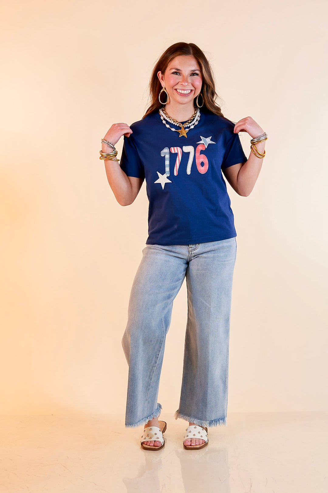 Simply Southern | American It Girl Short Sleeve Graphic Tee with 1776 Applique in Navy Blue