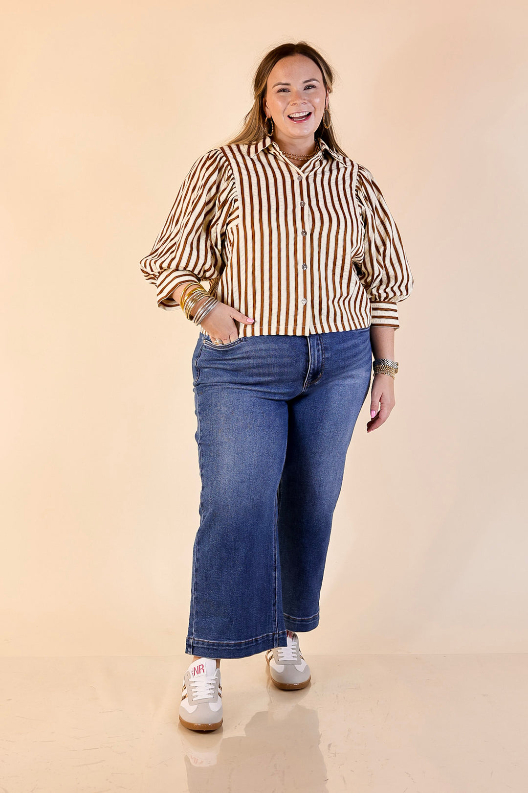The Bold Type Striped Long Sleeve Button-Up Top in White with Chocolate Brown Stripes