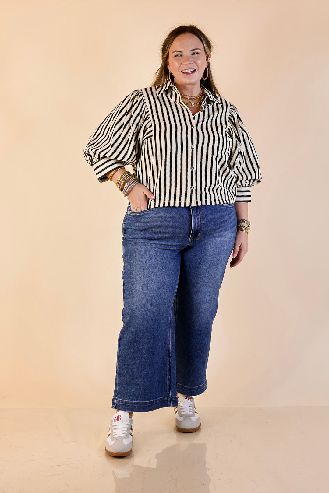 The Bold Type Striped Long Sleeve Button-Up Top in White with Black Stripes