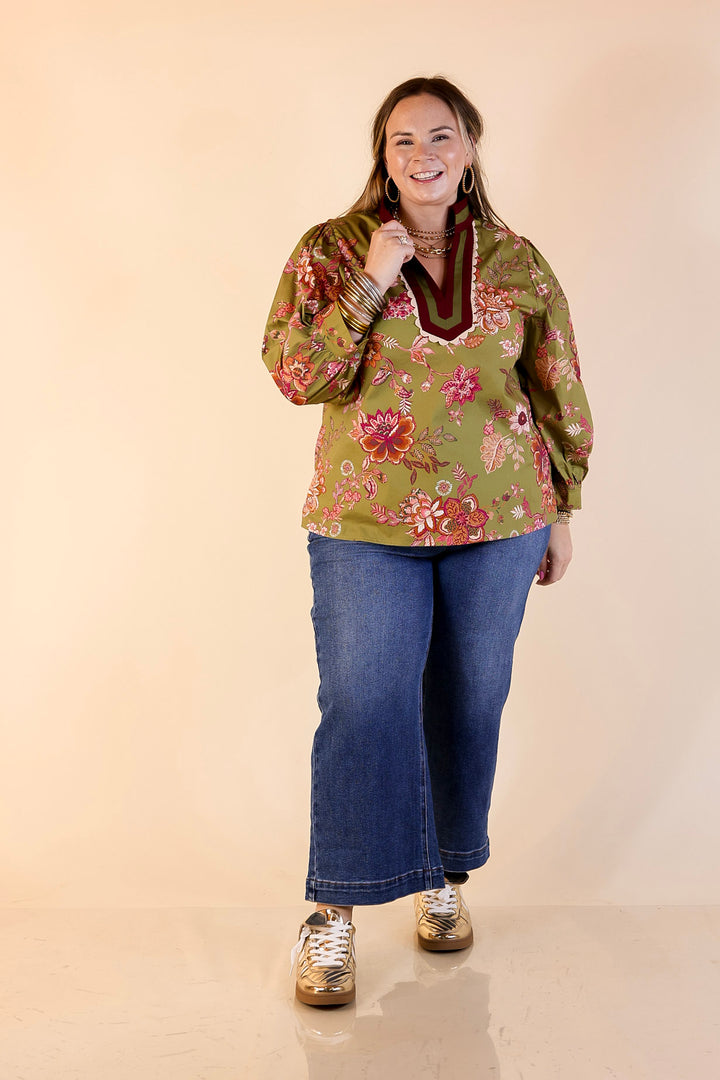 Autumn Allure Floral Long Sleeve Top with Contrast Trim in Olive Green