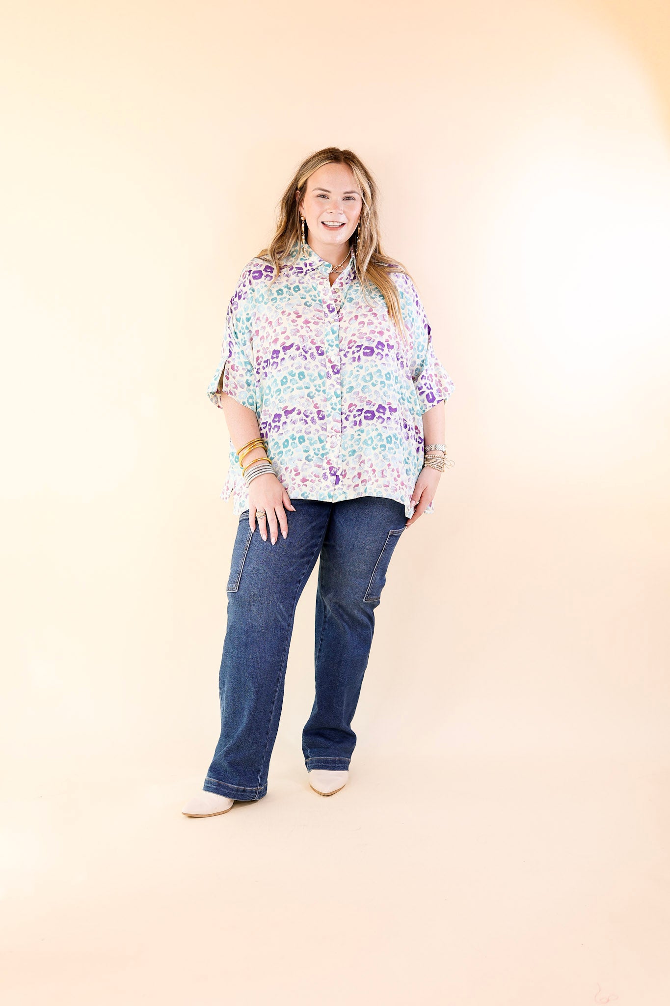 Hotter Than Ever Leopard Print Button Up Top with Short Sleeves in Purple Mix