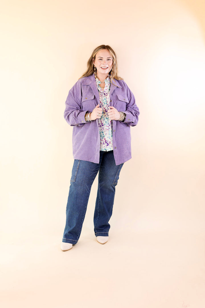 Latte Sips Button Up Corduroy Shacket in Dusty Purple