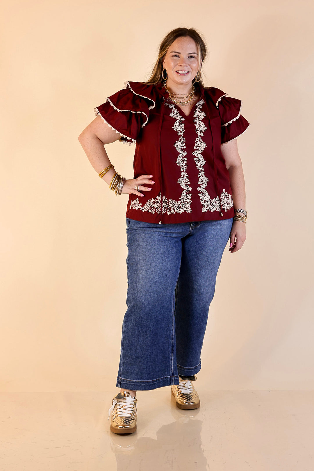 Graceful Details Embroidered Short Sleeve Top with Layered Flutter Sleeves in Maroon