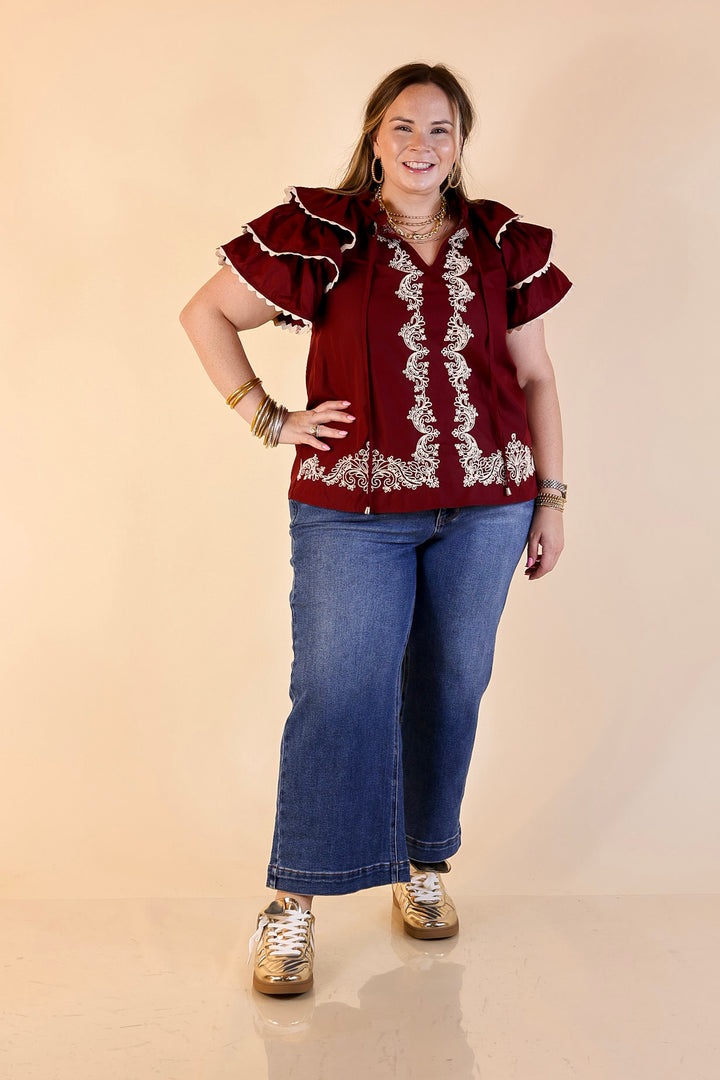 Graceful Details Embroidered Short Sleeve Top with Layered Flutter Sleeves in Maroon
