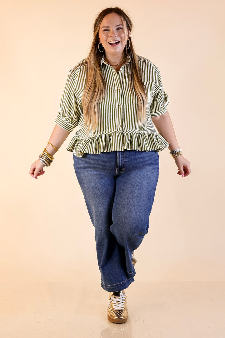 Style Agenda Striped Button Down Collared Top with Ruffle Peplum in Olive Green