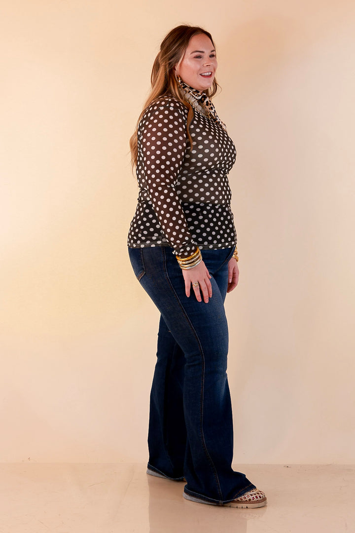 The Perfect Layer White Polka Dot Print Sheer Mesh Long Sleeve Top in Olive Green