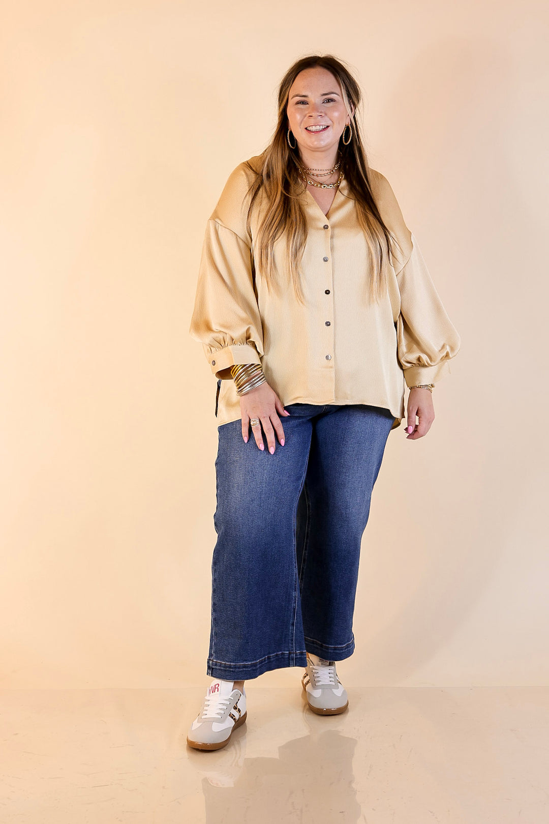 Sweet Notion Button Up 3/4 Balloon Sleeve Top in Gold