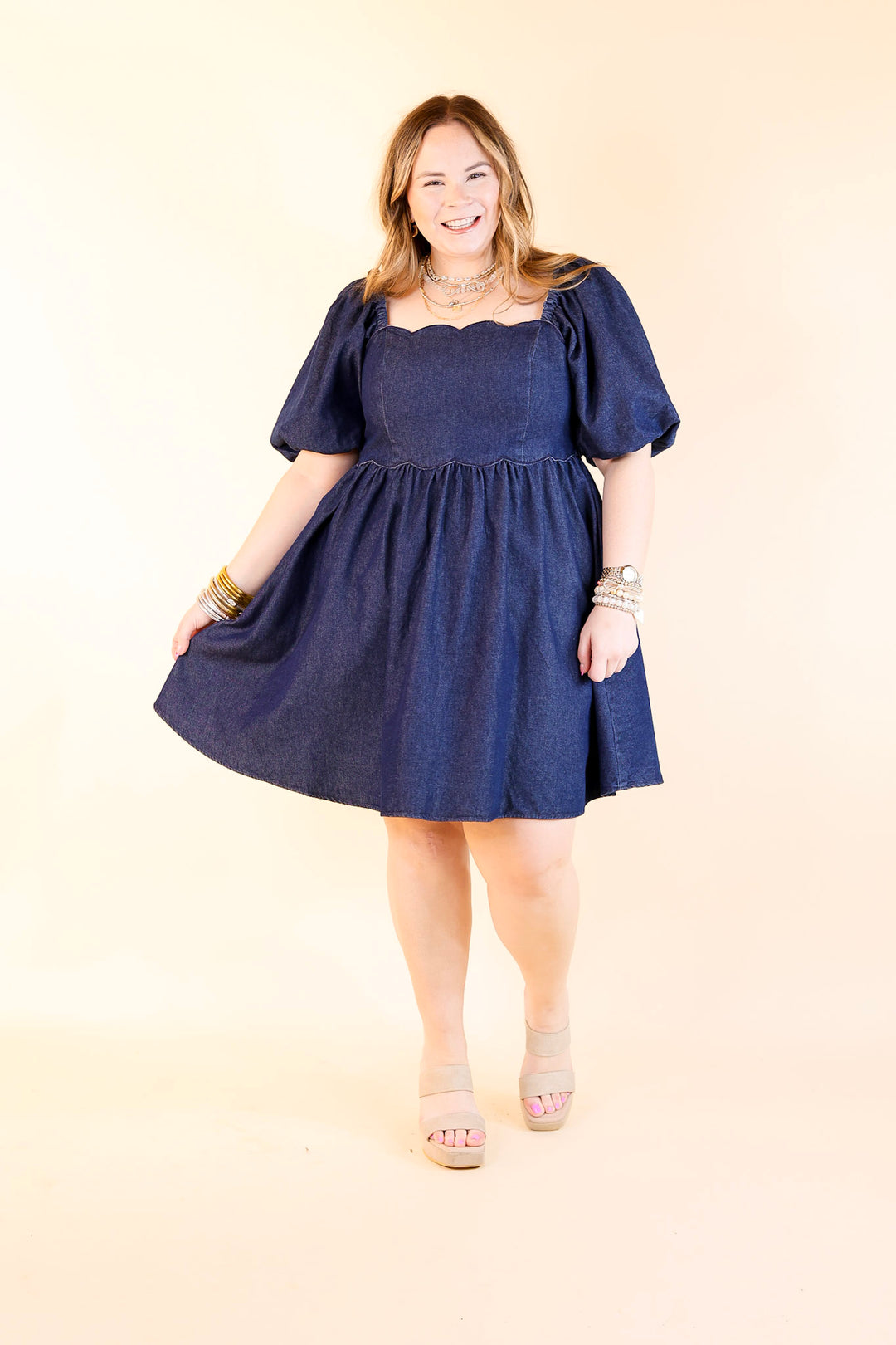 Southern Belle Short Puff Sleeve Denim Dress with Scalloped Square Neckline in Dark Wash